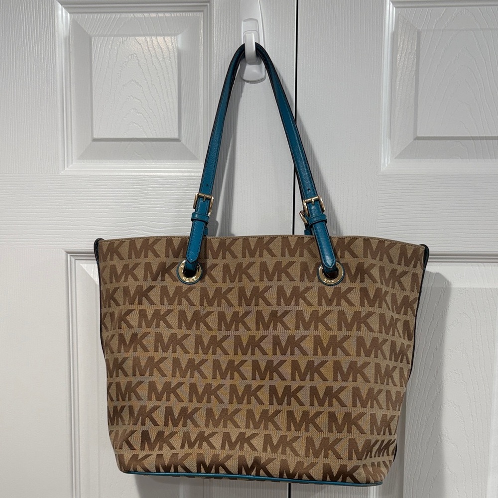 Michael Kors Jet Set Signature Tote Brown MK Canvas Blue Leather Trim